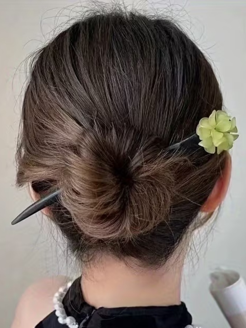 Green Flower Hair Pin On Black Wood- Hair Accessories